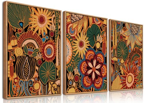 BINCUE Farbe Blumen Wandbilder,Vintage Blumen Leinwand Wandkunst,Boho Wanddeko Rahmen,Moderne Wohnzimmer Wanddekoration,Vintage Botanische Bilder Kunst Druck Schlafzimmer Büro Deko30x40cm*3