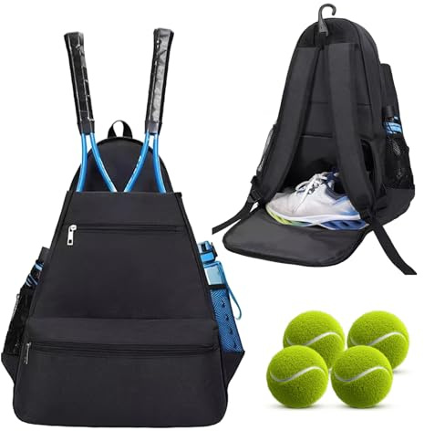 Tennis Backpack, Large Capacity Racket Bags Unisex with Shoe Compartment and Multi-Pocket Holds Tennis Rackets Pickleball Rackets Badminton Rackets Squash Rackets Balls and Shoes (Black)