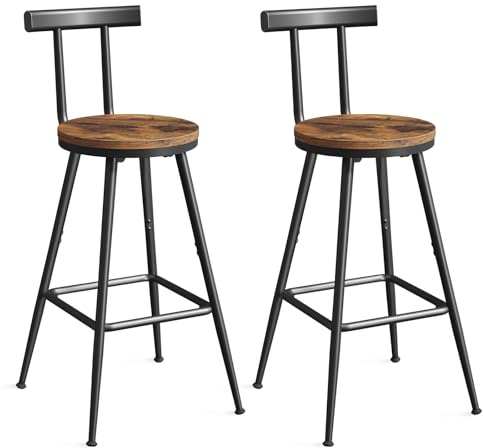 MAHANCRIS Barhocker, 2er Set, Barstühle, Küchenstühle mit Rückenlehne, Metallrahmen, Multidirektional Verstellbare Füße, für Küche, Wohnzimmer, Bar, Café, Vintagebraun und Schwarz ABAHR6001