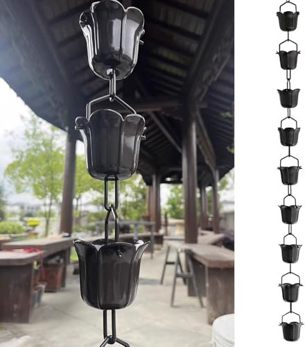 Cadena de lluvia floral de aleación de aluminio negra para decoración del hogar, jardín, 2,2 m, repuesto con campanillas decorativas para exteriores, desviador de agua y recogedor