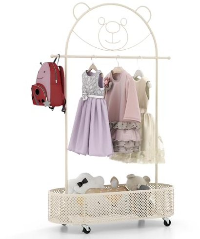GOPLUS Perchero de Ropa para Niños con Ruedas, Perchero Infantil Rodante con Cesta de Almacenaje Inferior, 3 Alturas Ajustables, Perchero de Ropa Colgante de Metal con Diseño de Oso (Blanco)