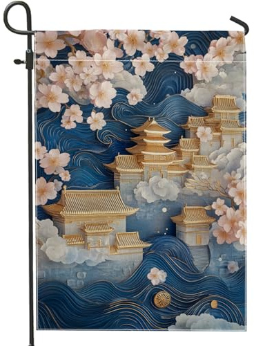Bandera de jardín de flores de cerezo, pancarta de decoración del hogar con escena de nube floral azul, bandera de patio de tela de doble cara, decoración de primavera al aire libre, elegante arte de
