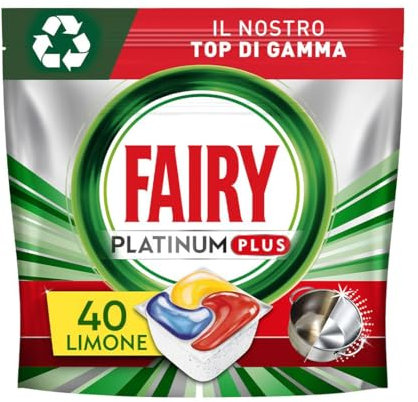 Fairy Platinum Plus Pastiglie Lavastoviglie, 40 Capsule, Limone, Detersivo Con Tecnologia Anti-Opaco, Contro Grasso e Incrostazioni Ostinate Anche nei Cicli Brevi