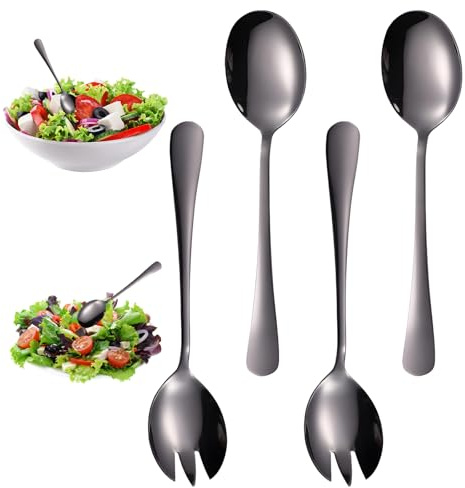 BbiuRer Salatbesteck, 4 Stück Set mit 2 Salatlöffeln und 2 Salatgabeln, Poliert und Geschliffen Antihaftbeschichtet Edelstahl Salat Server Set für Restaurant, Haus, Hotel, Picknick