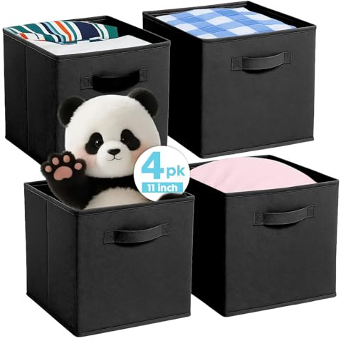 Pinkgarden Caja de almacenaje, Cubo de almacenaje de tela plegable con asas para el hogar, habitación infantil, armario y organización de juguetes,Pack de 4, 26,7 x 26,7 x 27,9 cm, Negro
