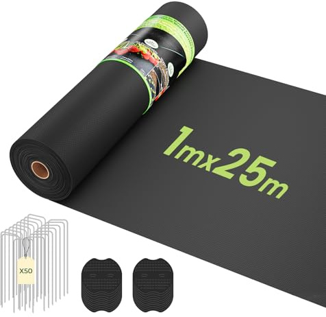 OUNUO 100GSM Heavy Duty Weed Control Membrane 1 m x 25 m with 50 Securing Pegs Garden Weed Barrier UV Protection Weed Fabric for Patios Garden Flower Beds Landscaping Black Fabric Ground Cover