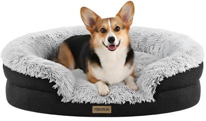 Miorun Fluffy Orthopedic Dog Bed for Small & Medium Dogs and Cats, Calming Plush Sofa Bed with Curved Bolster Support and Egg-Crate Foam Base, 35 Cozy Oval Pet Donut Bed with Washable Cover, Gray