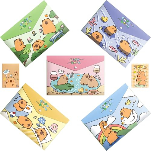 ZenyTra A4 dokumentmappar set om 5 för barn | Vattentät plastmapp med capybara-design | för skola, dagis och hemarrangör | Inkl. 2 anteckningsböcker (färgglad capybara)