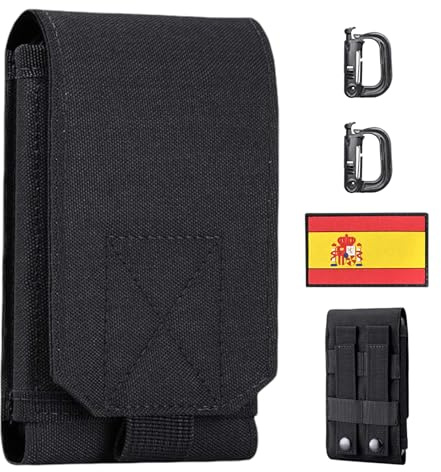 BAPLONEX ® Funda Móvil para Llevar en Cinturón + 2 Mosquetones Tácticos + Parche Bandera España | Bolsa Táctica EDC Porta Móvil para Actividad Aire Libre, Deportes, Pesca, Militar, Trabajo.