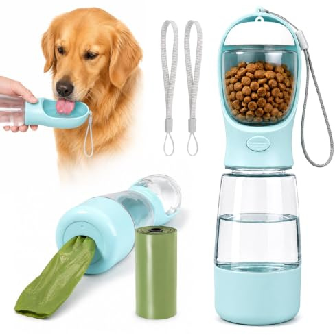 Wosyoodo 4 en 1 Botella Agua Perros Portátil, Botella Perro con Cuenco Integrado Depósito de Comida y Bolsas de Caca Pet sin BPA Doble Antifugas para Perros Pequeños Gatos Excursión