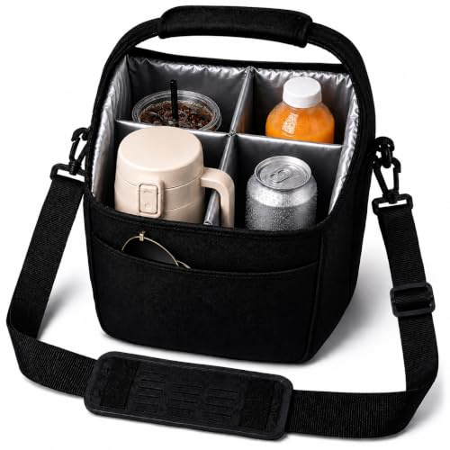 Bolsa Portabebidas Aislada para 4 Vasos o Botellas, Organizador de Bebidas con Divisores Extraíbles, Correa de Hombro y Bolsillo Frontal, Ideal para Café, Bubble Tea, Botellas de Agua y Picnic,Negro