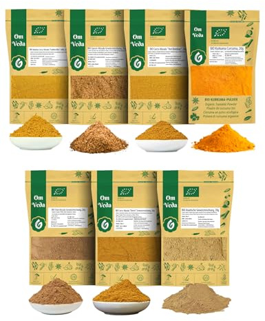 BIO Indische Gewürzmischungen Masala 7er SET - Garam Masala, Hot Bombay Curry, Madras Curry, Asia Wok, Chai Masala, Kurkuma Grundausstattung Geschenkset BIO Gewürzset Gewürze Set