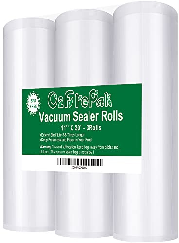 O2frepak 3 Pack 11x20' Rolls Vacuum Sealer Bags Rolls with BPA Free,Heavy Duty Vacuum Sealer Storage Bags Rolls,Cut to Size Roll,Great for Sous Vide (Total 60 feet)