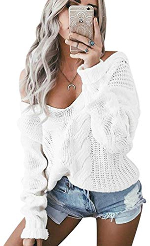 Pull Maille Femme Col V Chandail Femme Oversize Tricot Pull Epais Pour Femme Large Chaud Loose Pull Grosses Mailles Manche Longue Femme Ample Hiver Chandails Epaules Dénudées Manches Longues Blanc L