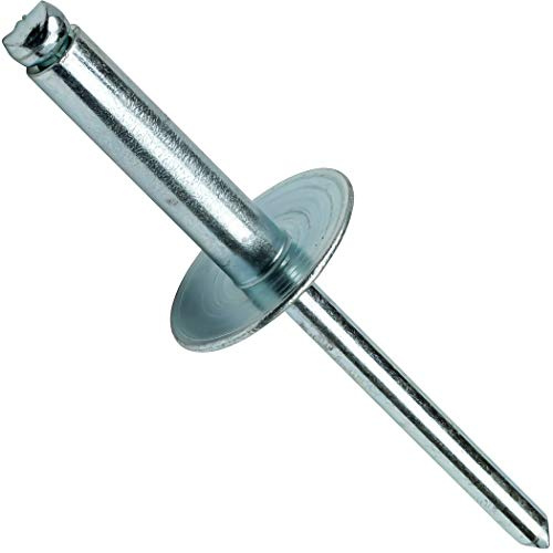 Fastenere Large Flange Pop Rivets - 3/16 x 1/2 (50 pcs) Heavy Duty, Open End, Steel Zinc, Corrosion-Resistant, High Tensile & Shear Strength, 6-8 Gap .376 - .500