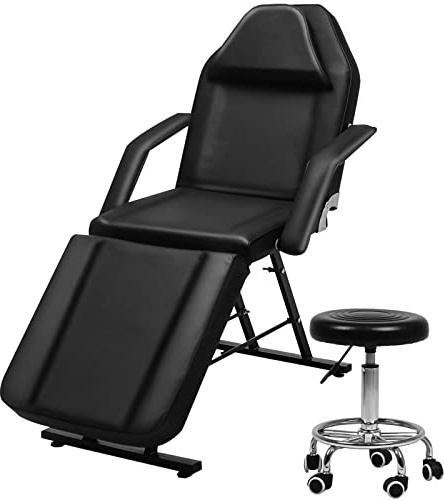 Vanimeu Massage Table, Black Beauty Bed with stool 3 Section Adjustable Salon Tattoo Lash Table with Removable Armrests Headrest Massage Bed for Spa, 185 x 82 x 65 cm(L*W*H)