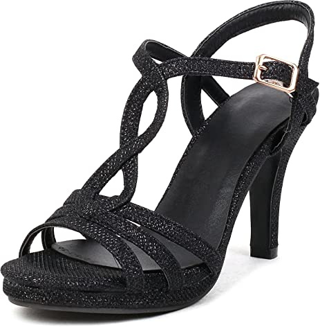 Sandali con Tacco Alto Donna, Sandali Peep Toe Moda Tacco a Spillo Scarpe da Sposa con Plateau Fibbia con Cinturino Alla Caviglia Brillantini 039 Nero Numero 34 EU