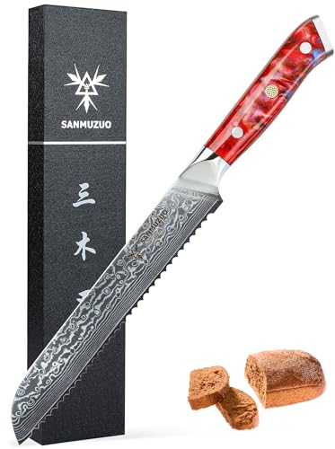 SANMUZUO Brotmesser mit Wellenschliff, Damastmesser 20 cm Klinge - Damaskus Stahl Küchenmesser mit Harzgriff - Xuan Serie(Sonnenuntergang Rot)