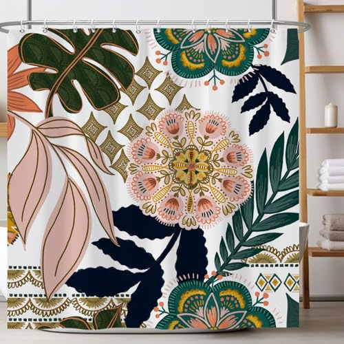 Ttincceer Fiore Boho Set di tende da doccia 180x200cm Medio secolo colorate tende da bagno floreali piante tropicali foglie tende da doccia vasca da bagno impermeabile decorativo