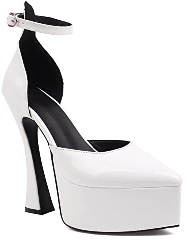 CRETUAO Scarpe con Tacco a Punta con Plateau da Donna,Cinturino con Punta Chiusa Sexy e Spesse Scarpe da Sposa per Feste,Scarpe con Tacco Alto a Forma di passerella Modello,Bianca,38 EU