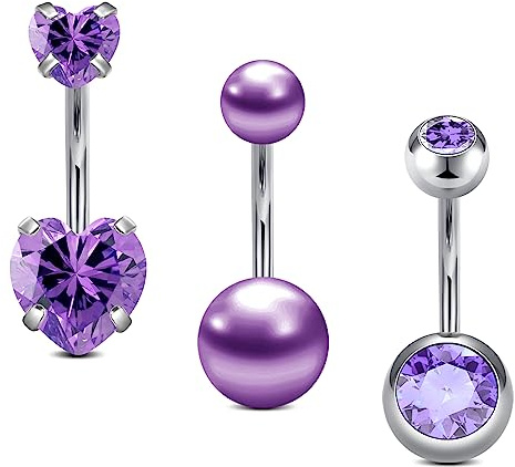 FECTAS 3pz Barra ombelicale viola 10mm Acciaio inossidabile 14G Anello ombelicale cuore Gioielli da donna