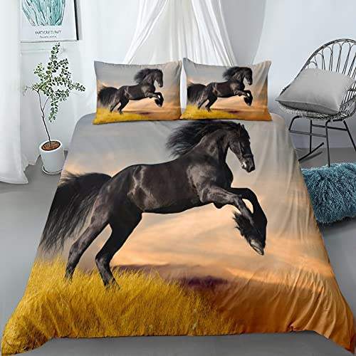 Juego de ropa de cama para niños, diseño de caballo corriendo, estampado 3D, con cremallera y funda de almohada, color negro 1, 135 x 200 cm