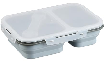 Relaxdays Lunchbox, 2 Fächer, faltbar, mikrowellengeeignet, luftdicht, Silikon, Brotdose mit Besteck, Essensbox, grau