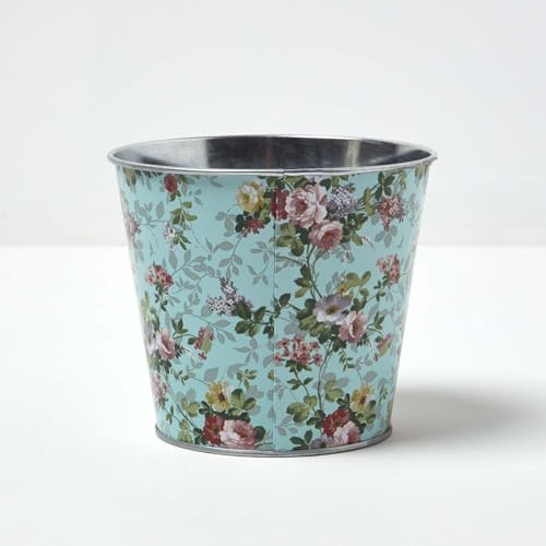 Homescapes Verzinkter Blumentopf mit Rosenmuster blau-rosa, ? 16 cm Pflanztopf Indoor/Outdoor wetterfest