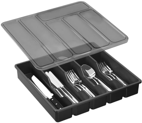 APOMOONS Portaposate con Coperchio, Contenitore Porta Posate da Cassetto per Cucina Organizer in Plastica 6 Scomparti per Cassetto per Cucchiai Forchette Coltelli Nero