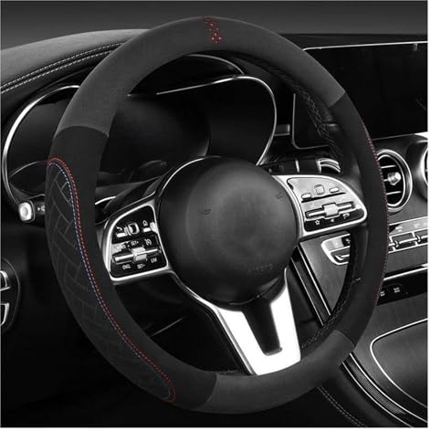 DZSUNLOHJ Cubierta Volante Coche Cubiertas Universales para Volante Coche Protector para Volante Gamuza Piel Vaca Fundas Dirección Transpirables 37-38cm Accesorios Funda Volante Coche(0 Shape Red)