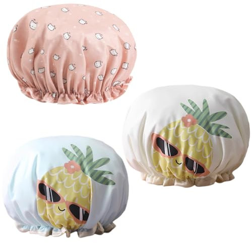 EIHI Pack de 3 Gorros de Baño Doble Capa para Mujer, Elástico Gorros de Ducha para Mujer, Gorro de Baño con Doble Capa Gorro de Ducha de Impermeable,Gorro de Ducha Impermeable con Diseño de Frutas