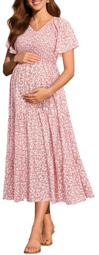 Floral Maternity Dress Photoshoot Baby Shower Easter Pregnancy Summer Pink Casual Flowy Midi Flutter Sleeve Dress 2025