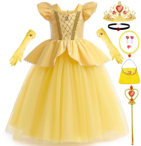 Snyemio Vestito Principessa Belle Bambina Costume Bella e la Bestia con Accessori Abito Ragazze Giallo Per Halloween Feste Carnevale Compleanno, 4-5 Anni