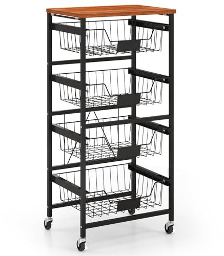 KOMFOTTEU Gemüseregal auf Rollen, Mobiler Obstkorb Metall, Gemüse Aufbewahrung Obstschale mit Holzoberfläche, Brotkorb Aufbewahrungsregal, Rollwagen Küchenwagen (42x31x89 cm)