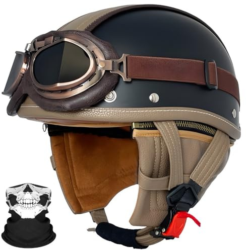 SYEBVTQ German Leather Motorcycle Half Helmet ECE/DOT Approved Adult Men Women Retro Open Face Helmet Vintage Motorbike Half Helmet with Goggles, for Bicycle Cruiser Scooter