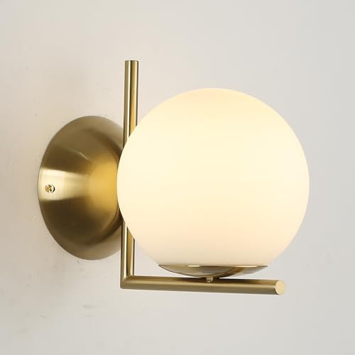 Alpinaluz Moderne Wandleuchte, goldfarbener Stahl, sphärischer Lampenschirm aus weißem Opalglas und Floron, mit gebogenem Sockel, E27-Lampenfassung, elegantes Design für Wohnzimmer, Schlafzimmer und