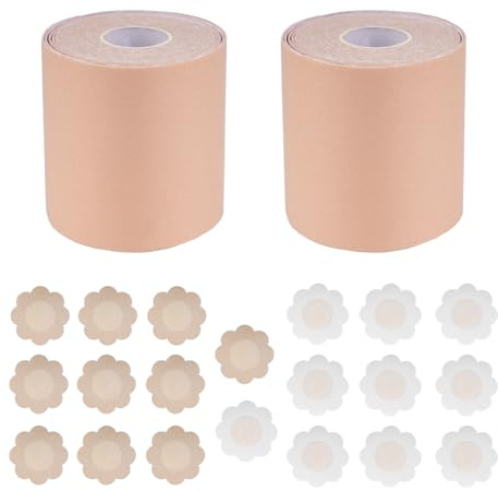 2 Rouleaux Bande de Levage de Poitrine pour Grands Seins, 7,5 cm x 5 m Bande Soutien Gorge Adhesif, Ruban de Lifting des Seins, Bra Tape, avec 10 Paires Cache Téton Cache Tetons Femme Cache-tétons