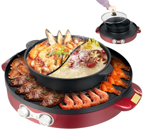 Elektrisk Hot Pot 2 200 W, 2 i 1 BBQ grillplatta, bärbar bordsgrill hotpot-gryta med non-stick-beläggning, elektrisk avtagbar kastrull för biffar kött grönsaker (röd)