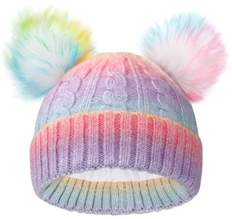 ACTLATI Kids Winter Knitted Beanie Hat Colorful Pompom Ears Ski Hat for Boy Girl(Ages 7-12)