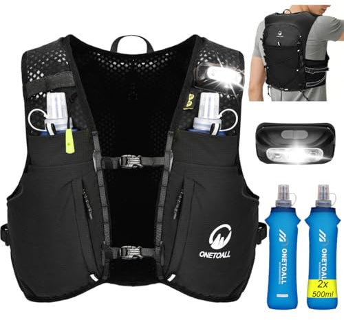 ONETOALL Chaleco Running Hombre Mujer con 2 Botella 500ml y Luz LED Recargable, Chaleco Hidratacion Trail Running, Mochila Hidratacion Running Vest Mochila Running para Correr Senderismo Montaña