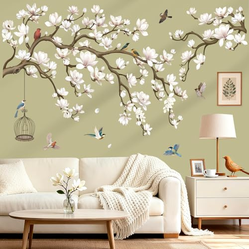 wondever Wandtattoo Magnolie Blumen Wandaufkleber Weiß Blüten Vögel auf Baum Ast Wandsticker Wanddeko für Wohnzimmer Schlafzimmer Sofa Hintergrund