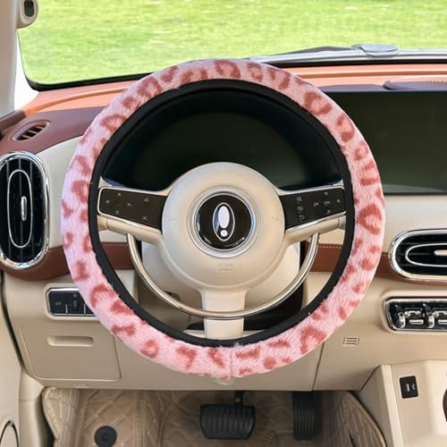 FOSDICK Coprivolante Auto Universale in Peluche, Rosa Leopardo Coprivolante, Caldo e Soffice, Copri Volante Traspirante e Antiscivolo, per Diametro 38cm Copri Sterzo