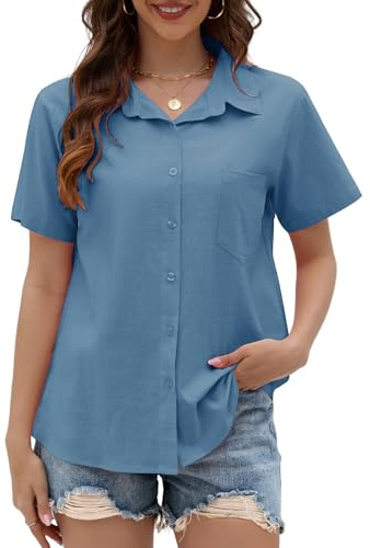 Yuson Girl Camicia Donna Estiva Camicetta Donna Manica Corta Camicette in Lino Casual Cotone Blusa Maglietta Scollo a V Tinta Unita Elegante Camicie Top con Bottoni(Blu Scuro, M)