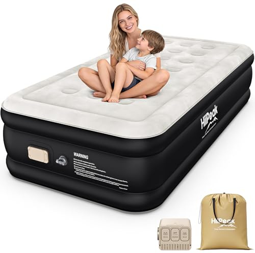 HiiPeak Materasso ad aria gemellare, di lusso, con pompa integrata, in morbida pelle scamosciata per un comfort superiore, materasso gonfiabile portatile, per campeggio, ospiti e casa (doppio, altezza