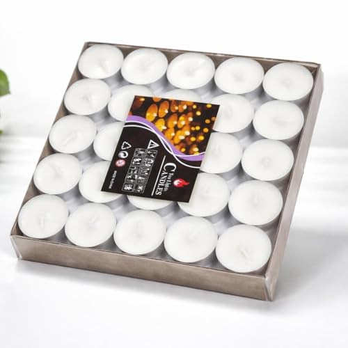 VARNIC LuxenLite Premium Unscented Tealight Candles, White, 4 Hour Burn Time, Smokeless Paraffin Wax, Round, 50 Pack