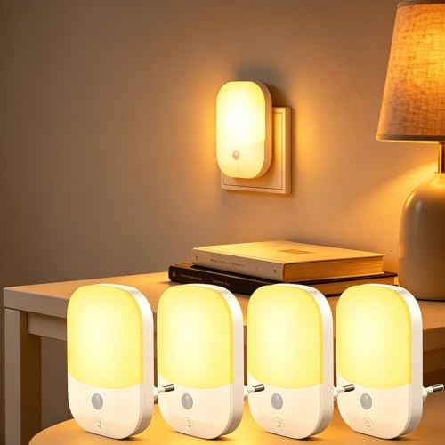 Luz Nocturnas infantil con Enchufe 4 Piezas, Sensor de Luz Inteligente Crepuscular, 5 Brillos Regulables, 3 Modos, Blanca Cálida Lámpara Noche para Habitación Bebé, Escalera, Cocina, 0,3W, 3000K