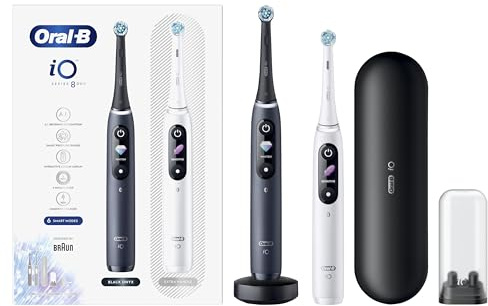 Oral-B iO8 2x Electric Toothbrushes For Adults, Gifts For Women / Men, App Connected Handles, 2 Toothbrush Heads & Travel Toothbrush Set, 6 Modes, 2 Pin UK Plug, Black & White, Oral B IO Toothbrush