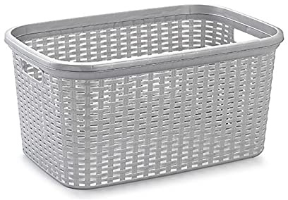 Tradineur - Cesta Colada de plástico con Asas 53 x 26 x 36 cm, Modelo Rattan, 35 litros, cesto para Prendas Ropa, lavandería, hogar, Plata