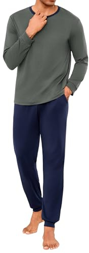 Marvmys Pigiama Uomo Cotone Lungo Pigiami Due Pezzi Invernale Manica Lunga Pantaloni con Tasche Grigio Scuro L