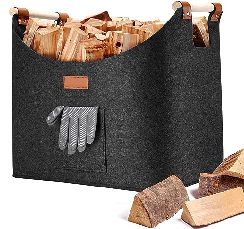Moollyfox Cesto in legno per legna da ardere grande, 57 l, stabile borsa per legna da ardere, con manici pieghevoli, cestino per legna da ardere, cestino per legna da ardere, giornale (45 x 32 x 40